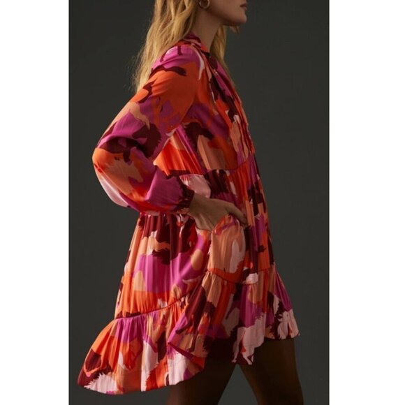 Anthropologie Maeve Horse Print Mini Dress Pink Tiered Long Sleeve Equestrian S - Picture 5 of 14